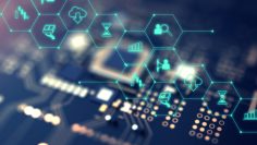 fintech icon  on abstract financial technology background .