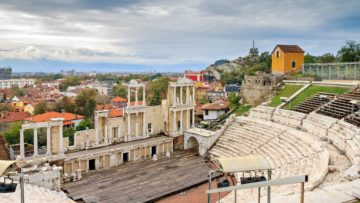 Beautiful cityscape of Plovdiv, Bulgaria, in the medieval part of the city called Old Town, with the ancient Roman theatre